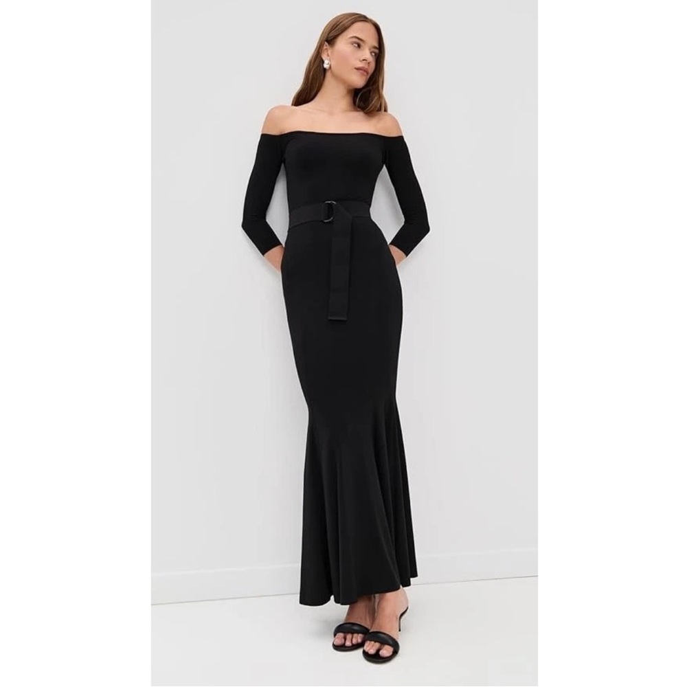 Norma Kamali Off Shoulder Fishtail Gown Maxi Dress Black Belt Stretch Jersey M